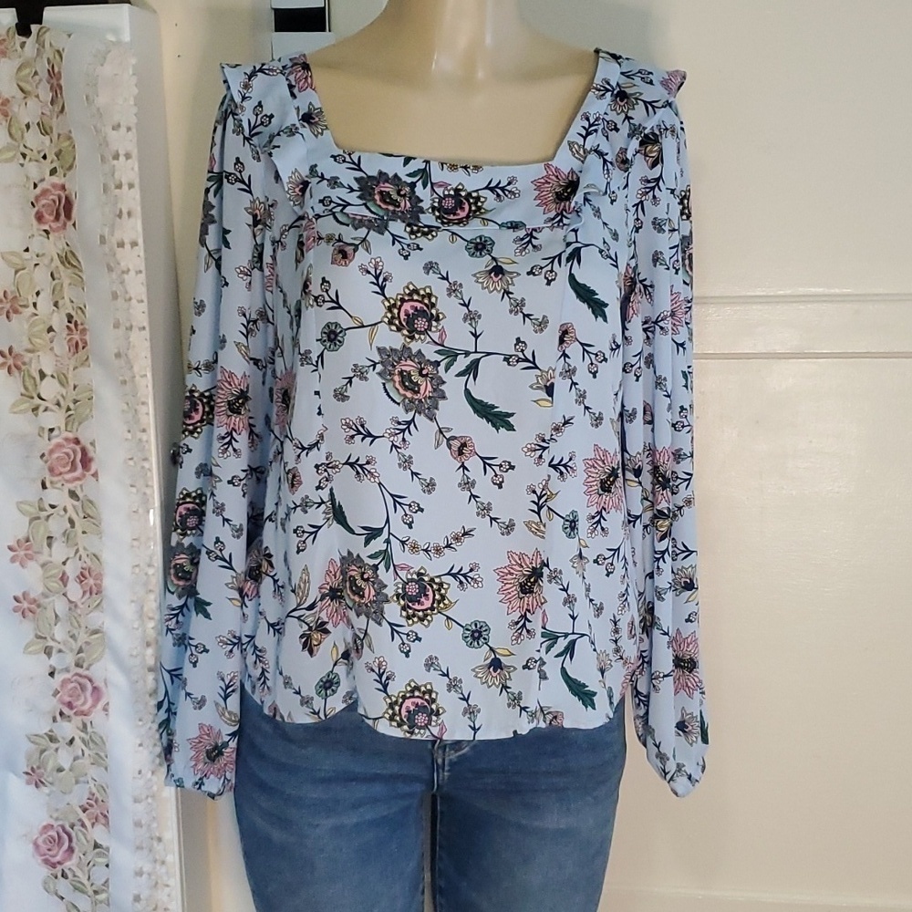 Banana Republic Factory Women’s Blue Floral Print Ruffle Peasant Top Size S